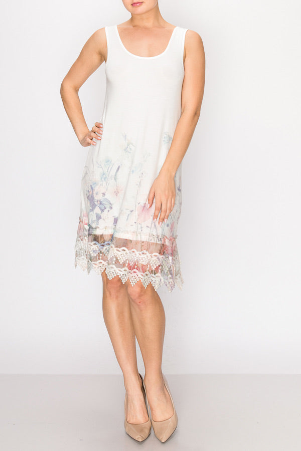 Dress- Tank Style Cream With Floral Print Lace Bottom