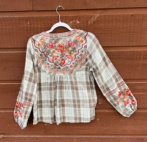 Shirt Long Sleeve Taupe Plaid Embroidery