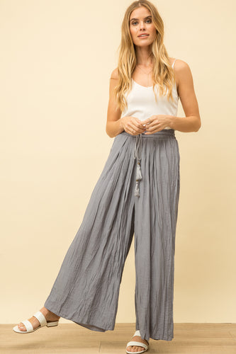 Pants - Dusty Blue Wide Leg, Drawstring  Crinkle