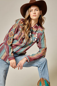 Shirt Long Sleeve Multi Colored Stripes with Aztec Embroidery