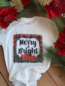 T Shirt  "Merry and Bright" with Bling and Poinsettias on Cream