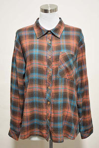 Shirt- Plaid Flannel Teal and Mocha With Embroidered Back