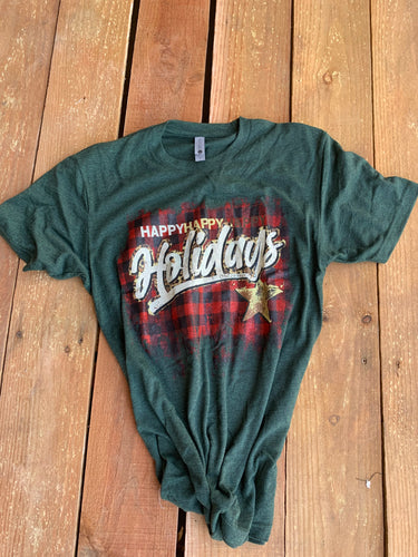 T Shirt Happy Holidays Dark Green on Buffalo Plaid