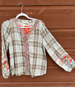 Shirt Long Sleeve Taupe Plaid Embroidery