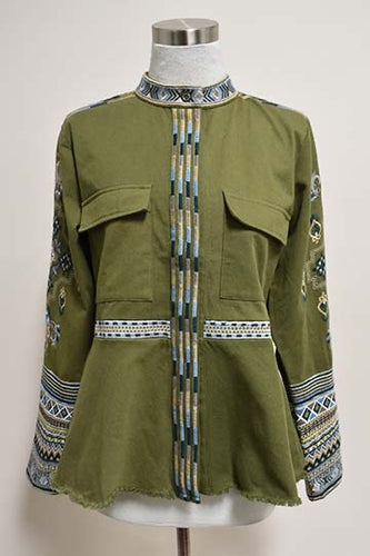 Jacket- Olive Round Neck With Embroidery