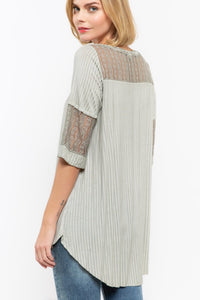 Shirt - Wide V Neck  With Lace Insets Sage