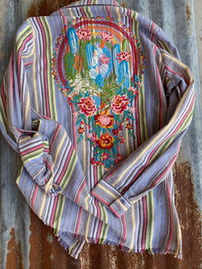 Top- Long Sleeve Roll Tab Shirt With stripes And Embroidery