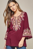 Load image into Gallery viewer, Top  3/4 Bell Sleeve  Burgundy With Embroidery