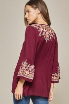 Load image into Gallery viewer, Top  3/4 Bell Sleeve  Burgundy With Embroidery