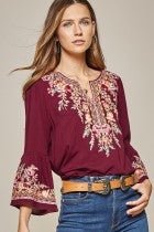 Load image into Gallery viewer, Top  3/4 Bell Sleeve  Burgundy With Embroidery