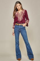 Load image into Gallery viewer, Top  3/4 Bell Sleeve  Burgundy With Embroidery