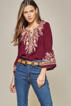 Load image into Gallery viewer, Top  3/4 Bell Sleeve  Burgundy With Embroidery