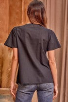 Top  Dk Gray Cap Sleeve Embroidery V Neck