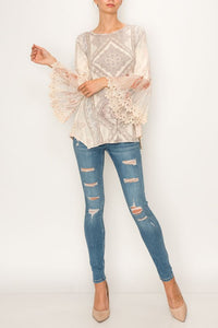 Top Tunic With Bell Sleeve Sublimated Brown and Beige Print