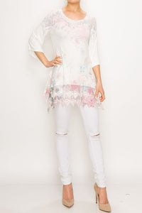 Shirt- 3/4 Sleeve Tunic Top Ivory Rose