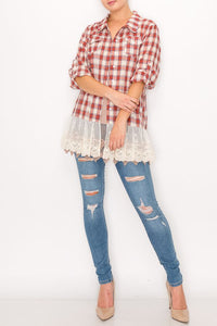 Shirt - Button Up Top with Lace Red Plaid