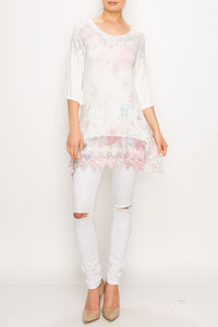 Shirt- 3/4 Sleeve Tunic Top Ivory Rose