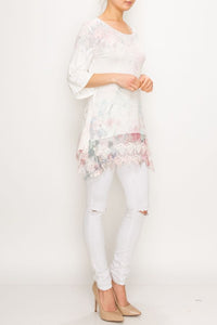 Shirt- 3/4 Sleeve Tunic Top Ivory Rose