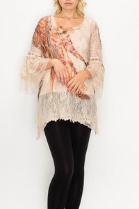 Top Lace Tunic Taupe with Feather 3/4 Sleeve