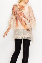 Load image into Gallery viewer, Top Lace Tunic Taupe with Feather 3/4 Sleeve