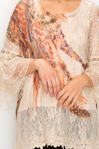 Top Lace Tunic Taupe with Feather 3/4 Sleeve