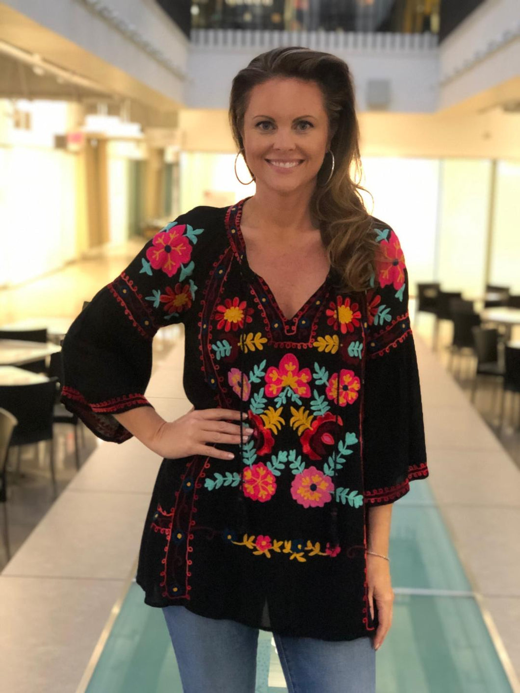 Top  Black Tunic with Embroidery and Front Tie