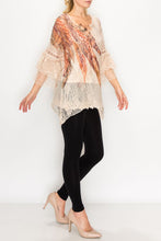 Load image into Gallery viewer, Top Lace Tunic Taupe with Feather 3/4 Sleeve