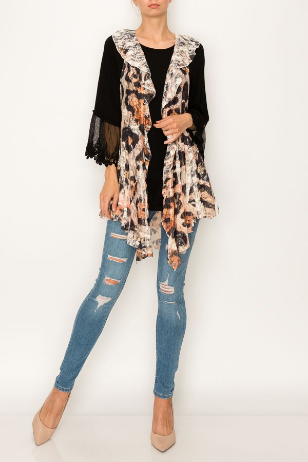 Vest- Long Lace Duster, Ivory and Leopard