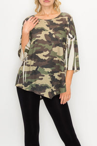 Shirt 3/4 Sleeve Asymetrical Knit Top Camo