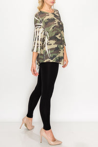 Shirt 3/4 Sleeve Asymetrical Knit Top Camo