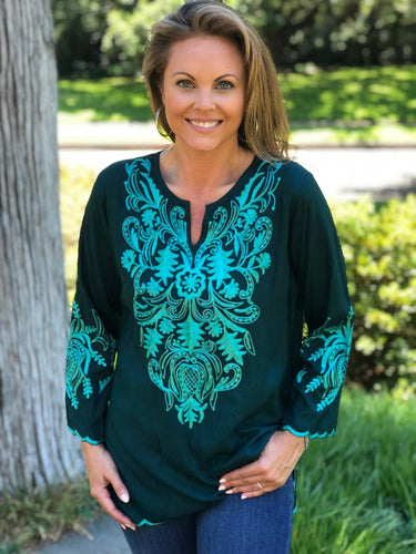 Top  Tunic Teal with Turquoise Embroidery